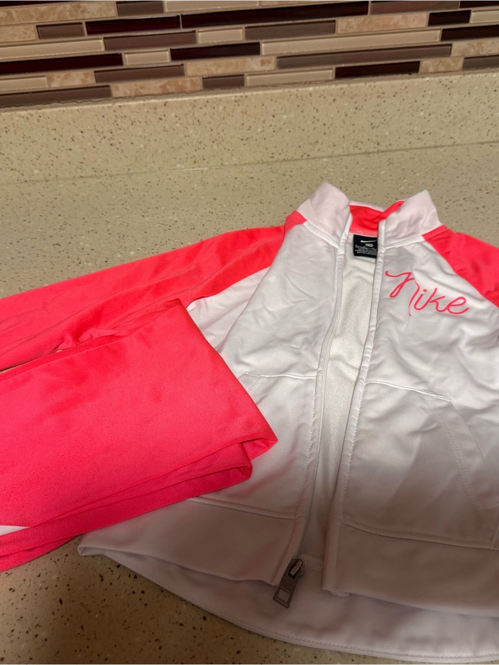Nike Girl's Activewear Set- White and Bright Coral Pink Jacket and Pants